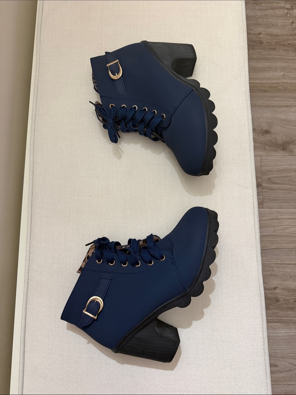 Women's Navy Lace-Up Heeled Ankle Boots